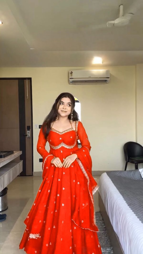 RTC 5924 Orange Georgette Thread With Sequence Gown Perfect for Wedding, Party, Reception, Holi, Eid . Available at ₹1999 only. Delivery 4-6 Working Days. | Gowns, Bollywood Gowns, Creative Gowns, Designer Gowns, Embroidered Gowns, Party Wear Gowns