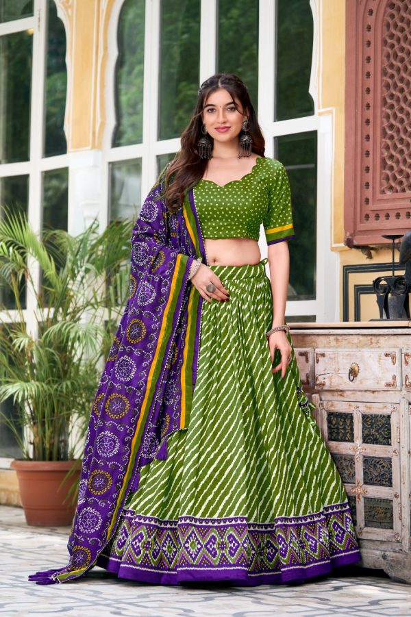 Parrot Green Tasar Silk Bandhej Lehenga Choli