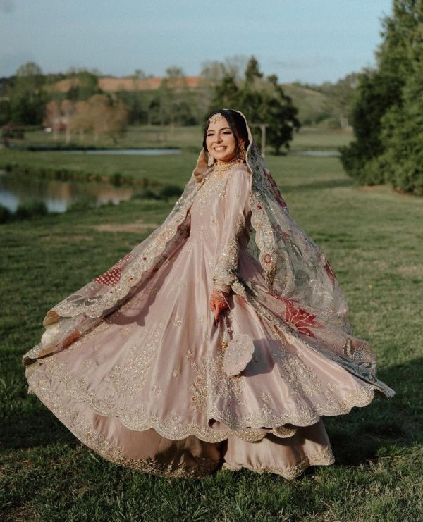 Peach Chinon Embroidery Work Gown