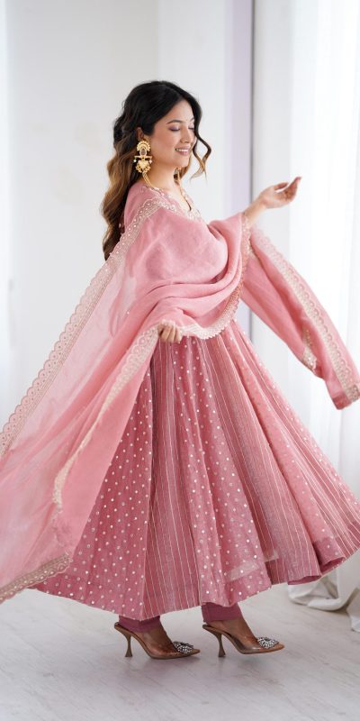 SRK 5293 Peach With Crunchy Silk With Fully Flair with Lace Work & Embroidery Work Anarkali Gown . Introductory Price ₹2149. Delivery 4-6 Worki | Gowns, Bollywood Gowns, Creative Gowns, Designer Gowns, Embroidered Gowns, Party Wear Gowns