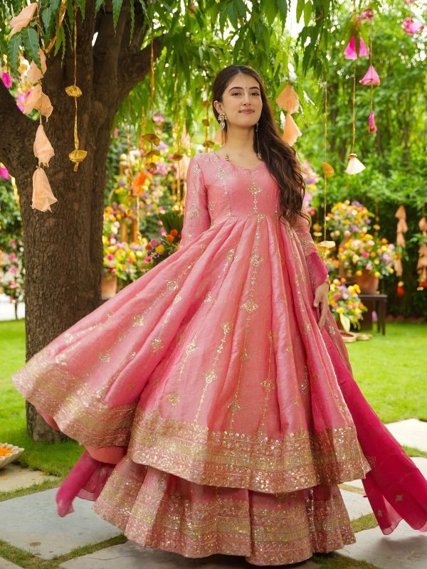 SSR 526 Peach Crunchy Silk With Heavy Embroidery Sequence Work With Fully Flair Salwar Suit Wedding, Party, Festive, Events, Now at just ₹2399. Delivery 4 | Jump Suits, Tops & Bottoms, Track Suits, Trendy Wear, Salwar suit, Designer Suits, Casual Suits, Creative suits, Palazzo Suits, Party Wear Suits, Patiala Suits, Straight Suits