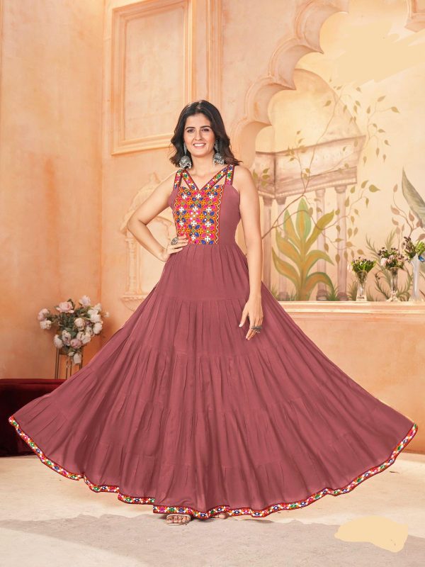 Peach Rayon Lace Work Gamthi Work Gown