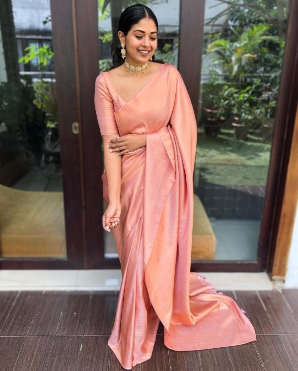 Peach Soft Lichi Silk Lace Work Border Saree