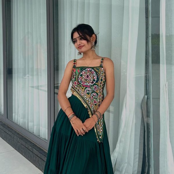 Peacock Blue Chinon Mirror Work Lehenga Choli