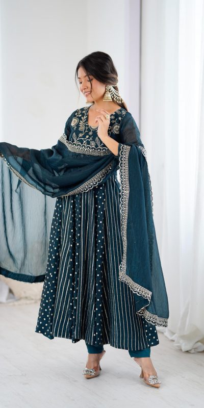 SRK 5293 Peacock Blue With Crunchy Silk With Fully Flair with Lace Work & Embroidery Work Anarkali Gown . Introductory Price ₹2149. Delivery 4-6 Worki | Gowns, Bollywood Gowns, Creative Gowns, Designer Gowns, Embroidered Gowns, Party Wear Gowns