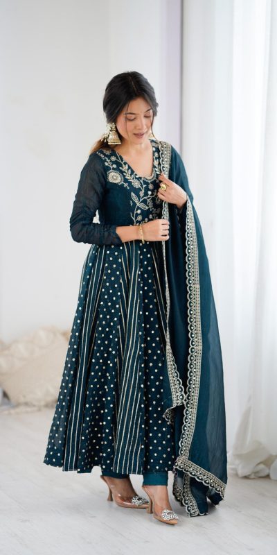 SRK 5293 Peacock Blue With Crunchy Silk With Fully Flair with Lace Work & Embroidery Work Anarkali Gown . Introductory Price ₹2149. Delivery 4-6 Worki | Gowns, Bollywood Gowns, Creative Gowns, Designer Gowns, Embroidered Gowns, Party Wear Gowns