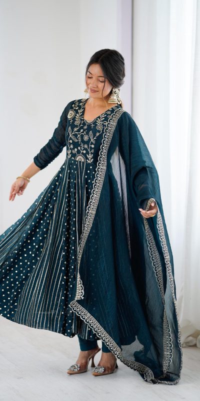 SRK 5293 Peacock Blue With Crunchy Silk With Fully Flair with Lace Work & Embroidery Work Anarkali Gown . Introductory Price ₹2149. Delivery 4-6 Worki | Gowns, Bollywood Gowns, Creative Gowns, Designer Gowns, Embroidered Gowns, Party Wear Gowns