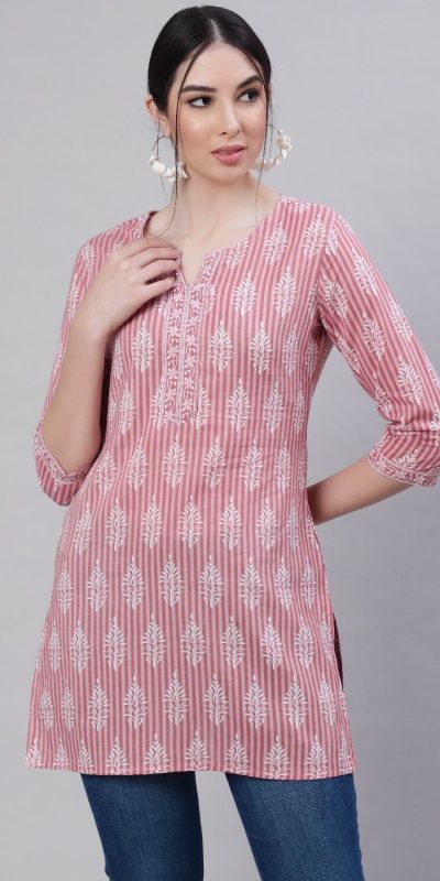 Pink Cotton Printed Kurti