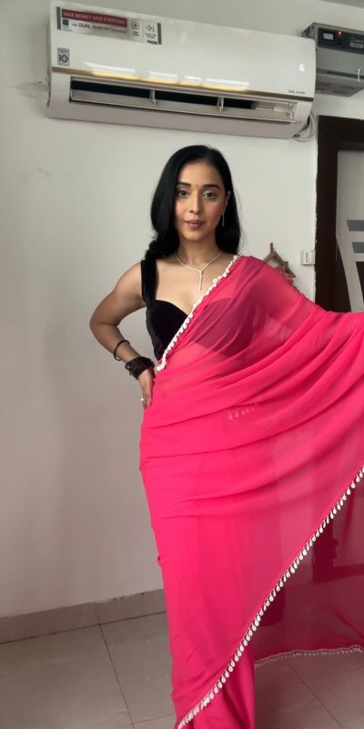 Pink Georgette Lace Work Border Saree