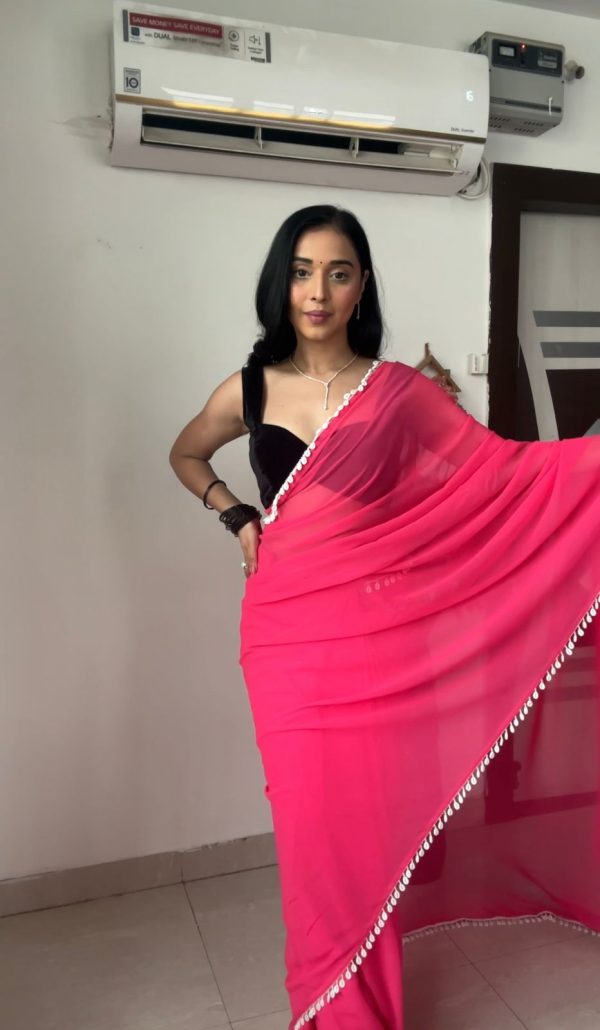 Pink Georgette Lace Work Border Saree