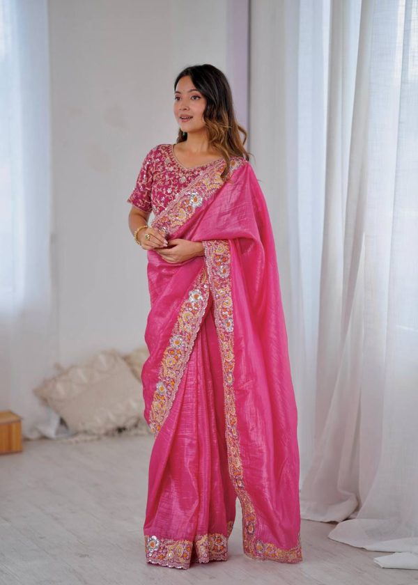 Pink Gold Crush Silk With Embroidery Work Saree