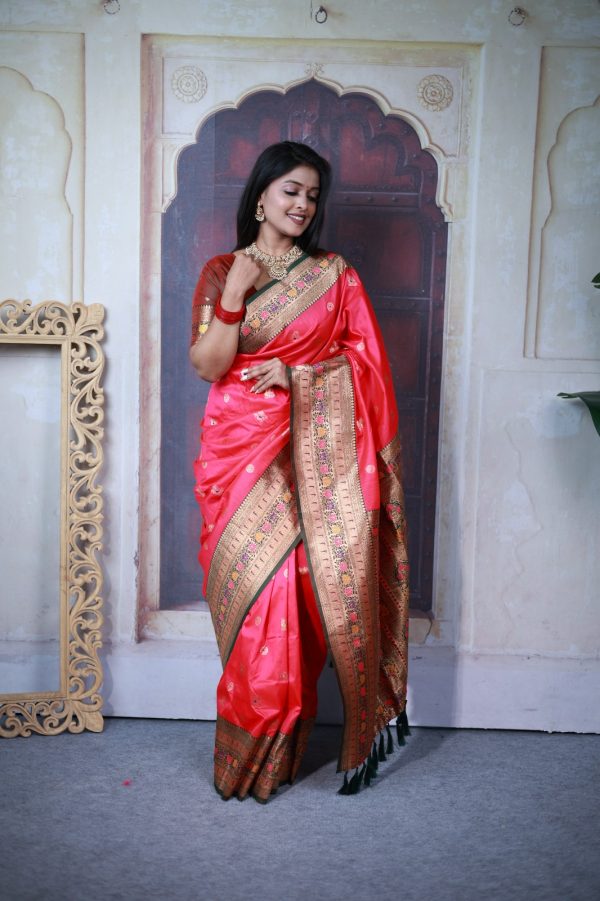Pink Paithani Ajanta Lotus With Lace Work Saree