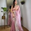 Pink Silver Tissue Silk Zari Mirror Work Saree