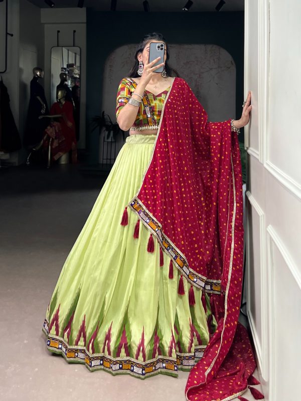 Pista Tasar Silk With Gamthi Work Lehenga Choli