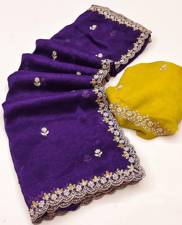 Purple Crunchy Ciffon Embroidery Work Saree