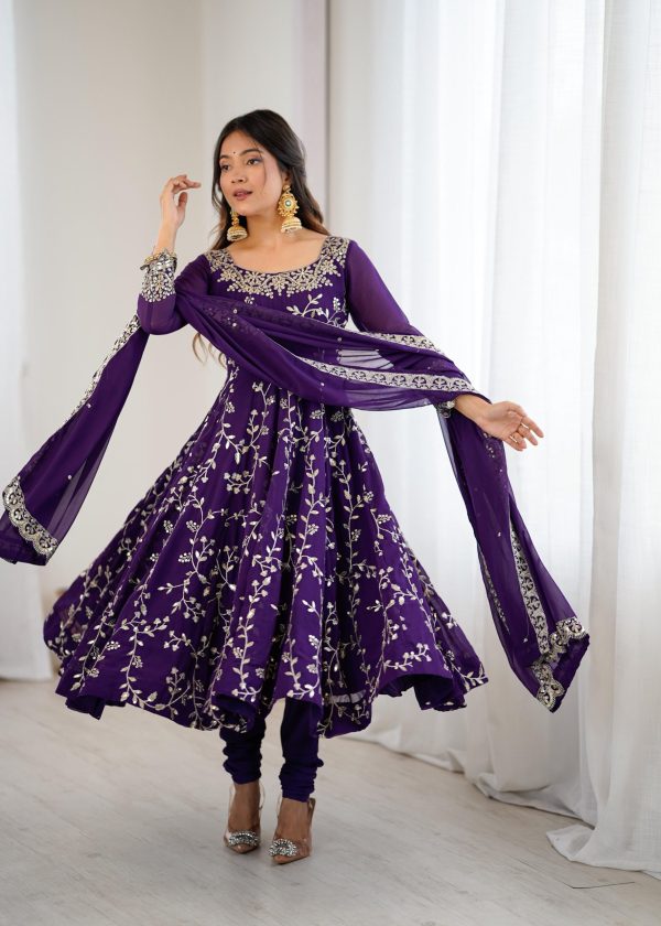 Purple Faux Georgette With Embroidery Gown