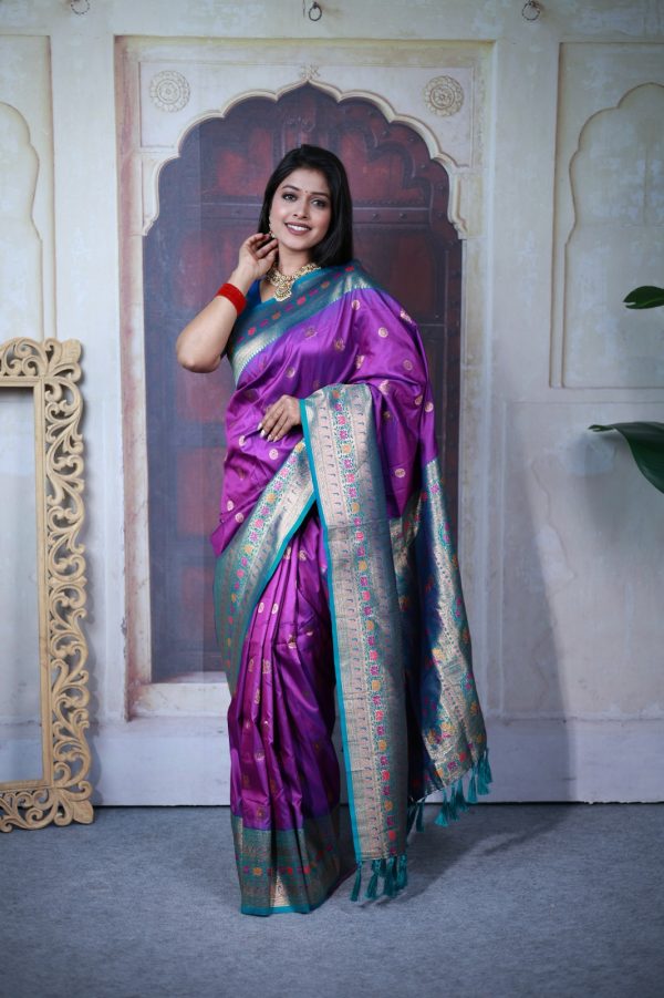 Purple Paithani Ajanta Lotus With Lace Work Saree
