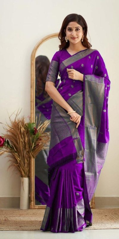 Purple Soft Lichi Silk Lace Border Saree