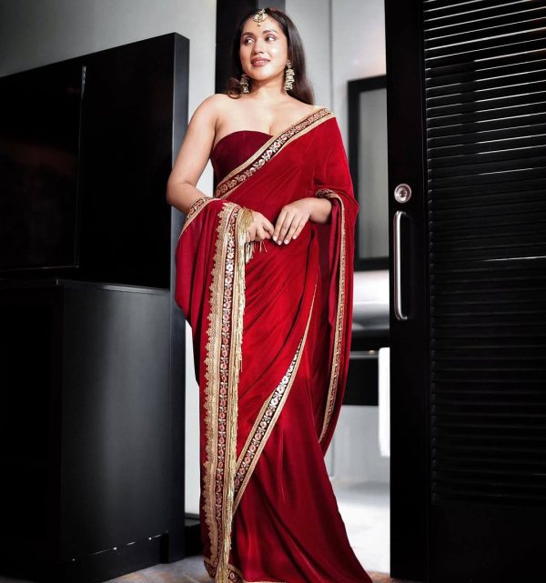 Red 9000 Velvet  Embroidery Work Saree