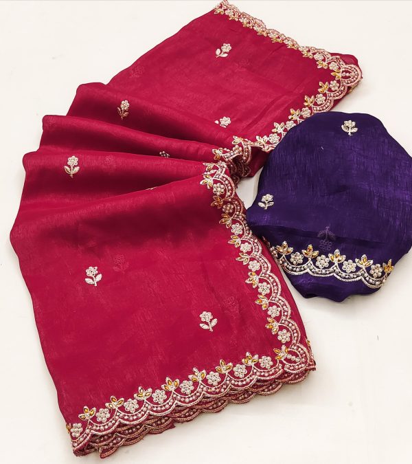 Red Crunchy Chiffon Embroidery Work Saree