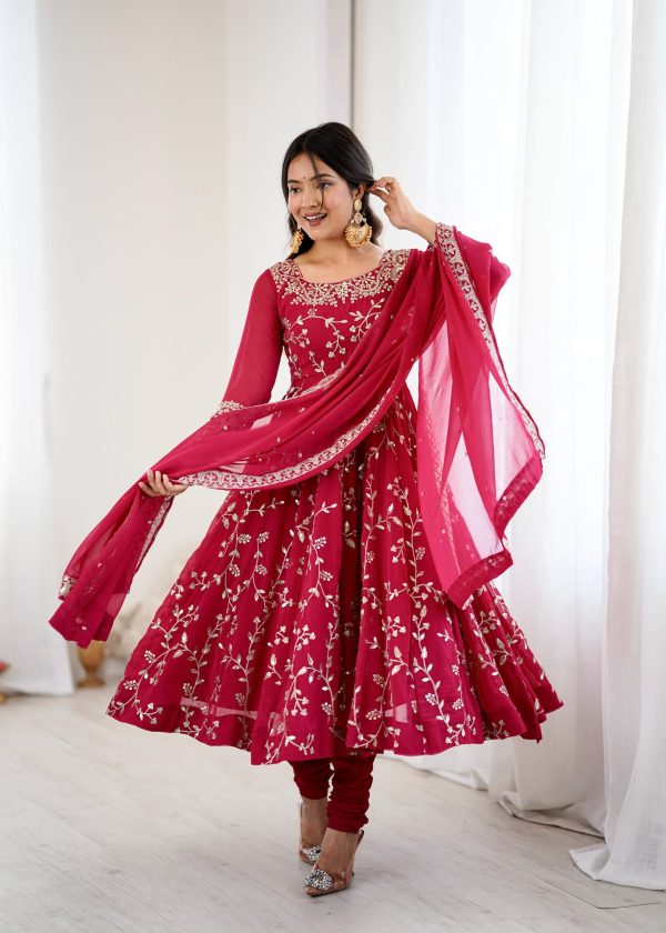 Red Faux Georgette With Embroidery Gown