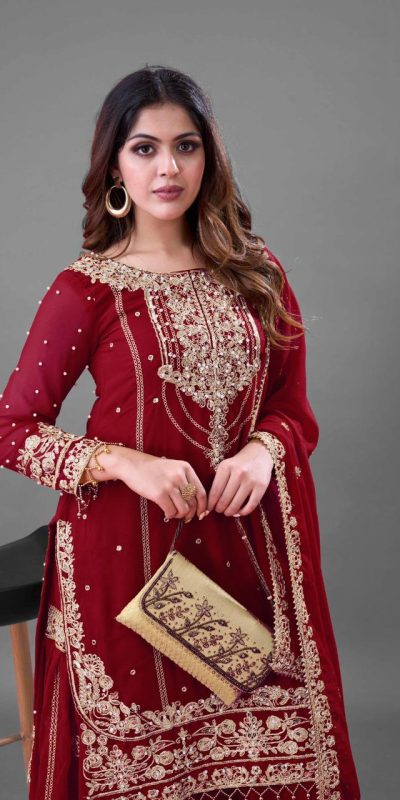 SR 1688 Red Heavy Faux Georgette With Heavy Embroidery Wedding, Party, Festive, Events, Navratri Garba, Reception, Haldi, 4-6 Working Days At 1949 Only | Jump Suits, Salwar suit, Designer Suits, Casual Suits, Creative suits, Palazzo Suits, Party Wear Suits, Patiala Suits, Straight Suits