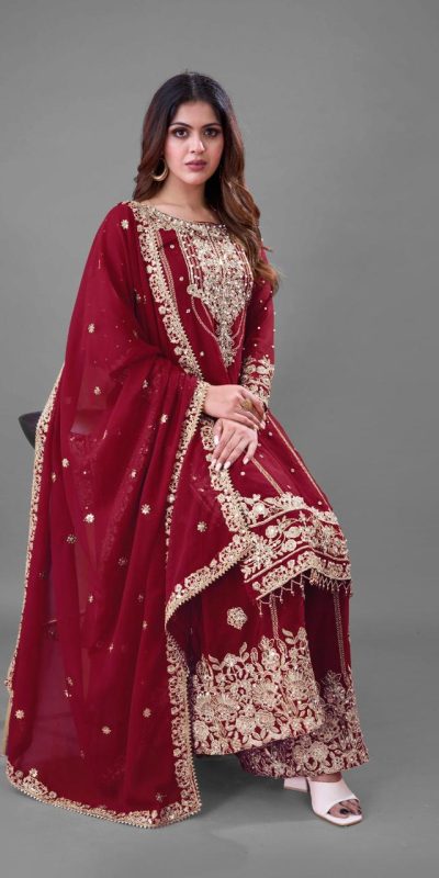 SR 1688 Red Heavy Faux Georgette With Heavy Embroidery Wedding, Party, Festive, Events, Navratri Garba, Reception, Haldi, 4-6 Working Days At 1949 Only | Jump Suits, Salwar suit, Designer Suits, Casual Suits, Creative suits, Palazzo Suits, Party Wear Suits, Patiala Suits, Straight Suits