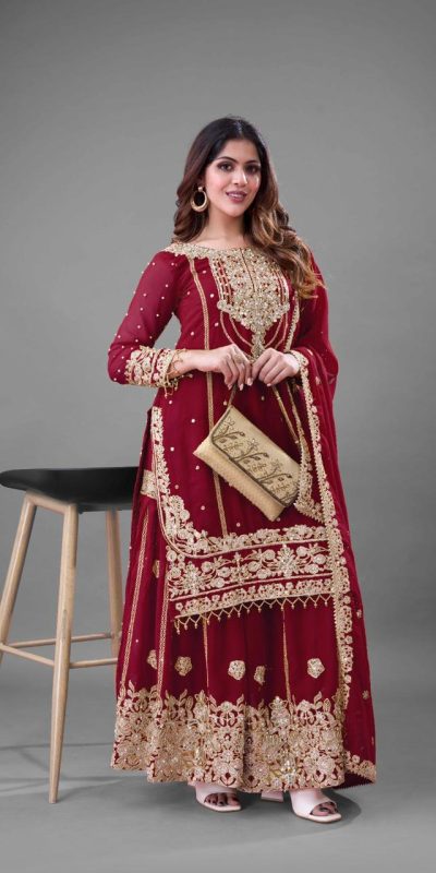 SR 1688 Red Heavy Faux Georgette With Heavy Embroidery Wedding, Party, Festive, Events, Navratri Garba, Reception, Haldi, 4-6 Working Days At 1949 Only | Jump Suits, Salwar suit, Designer Suits, Casual Suits, Creative suits, Palazzo Suits, Party Wear Suits, Patiala Suits, Straight Suits
