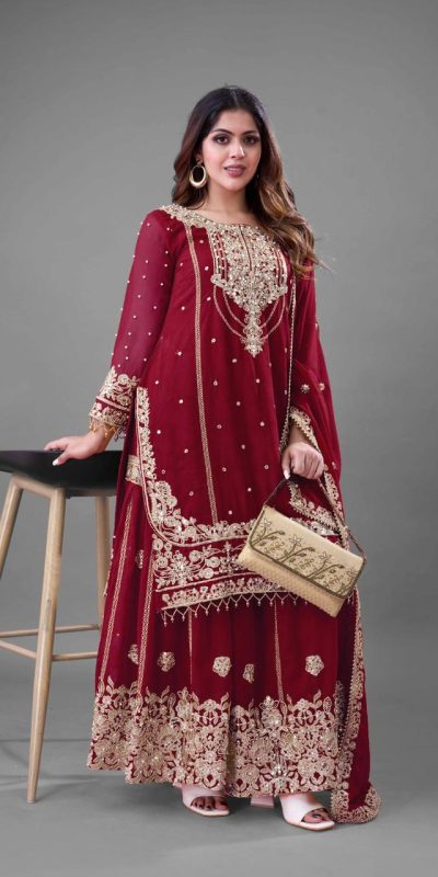 SR 1688 Red Heavy Faux Georgette With Heavy Embroidery Wedding, Party, Festive, Events, Navratri Garba, Reception, Haldi, 4-6 Working Days At 1949 Only | Jump Suits, Salwar suit, Designer Suits, Casual Suits, Creative suits, Palazzo Suits, Party Wear Suits, Patiala Suits, Straight Suits
