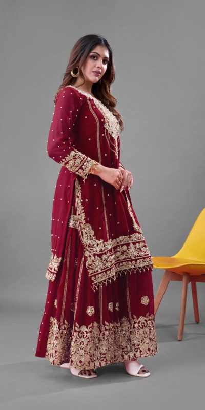 SR 1688 Red Heavy Faux Georgette With Heavy Embroidery Wedding, Party, Festive, Events, Navratri Garba, Reception, Haldi, 4-6 Working Days At 1949 Only | Jump Suits, Salwar suit, Designer Suits, Casual Suits, Creative suits, Palazzo Suits, Party Wear Suits, Patiala Suits, Straight Suits