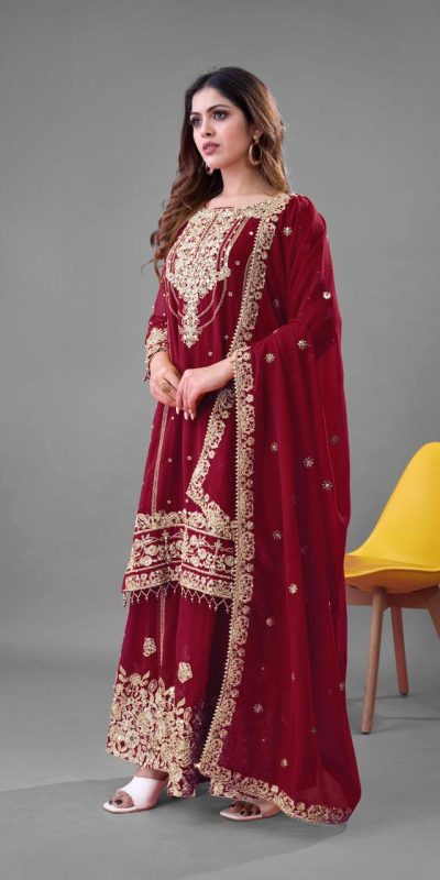 SR 1688 Red Heavy Faux Georgette With Heavy Embroidery Wedding, Party, Festive, Events, Navratri Garba, Reception, Haldi, 4-6 Working Days At 1949 Only | Jump Suits, Salwar suit, Designer Suits, Casual Suits, Creative suits, Palazzo Suits, Party Wear Suits, Patiala Suits, Straight Suits
