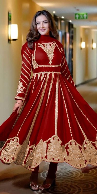 NSR 817 Red in Faux Georgette With Full Heavy Embroidery & Lace Work Gown . Festive Deal ₹1949. Wedding, Party, Festive, Events Delivery 4-6 Days | Gowns, Bollywood Gowns, Creative Gowns, Designer Gowns, Embroidered Gowns, Party Wear Gowns