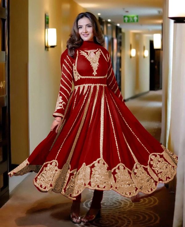 Red Faux Georgette With Full Embroidery Gown