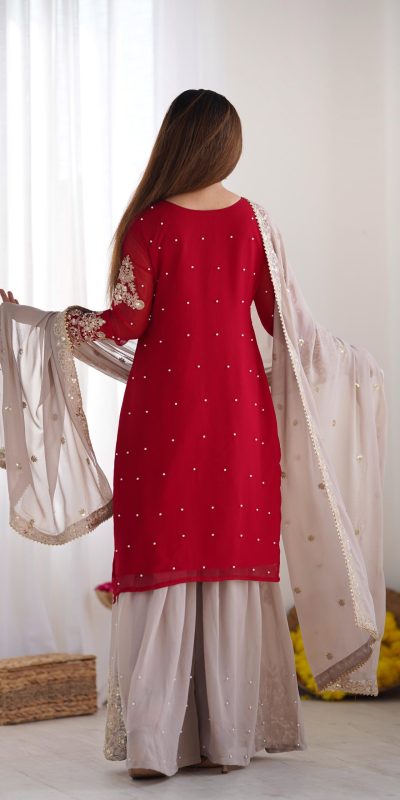 SR 1676 Red Red Heavy Faux Georgette With Heavy Embroidery Perfect for Wedding, Party, Ethnic Day, Reception, Diwali 4-6 Working Days At 2049/- Only | Jump Suits, Salwar suit, Designer Suits, Casual Suits, Creative suits, Palazzo Suits, Party Wear Suits, Patiala Suits, Straight Suits