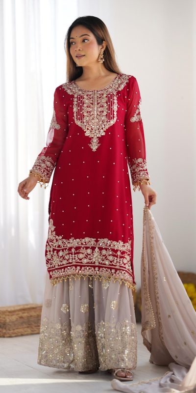 SR 1676 Red Red Heavy Faux Georgette With Heavy Embroidery Perfect for Wedding, Party, Ethnic Day, Reception, Diwali 4-6 Working Days At 2049/- Only | Jump Suits, Salwar suit, Designer Suits, Casual Suits, Creative suits, Palazzo Suits, Party Wear Suits, Patiala Suits, Straight Suits