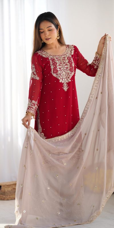SR 1676 Red Red Heavy Faux Georgette With Heavy Embroidery Perfect for Wedding, Party, Ethnic Day, Reception, Diwali 4-6 Working Days At 2049/- Only | Jump Suits, Salwar suit, Designer Suits, Casual Suits, Creative suits, Palazzo Suits, Party Wear Suits, Patiala Suits, Straight Suits