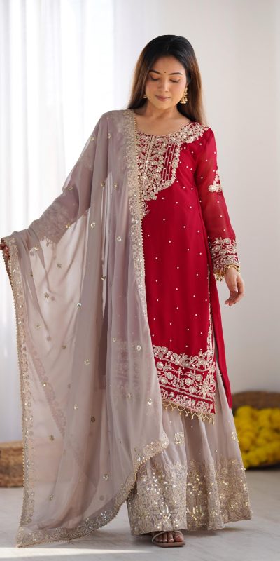 SR 1676 Red Red Heavy Faux Georgette With Heavy Embroidery Perfect for Wedding, Party, Ethnic Day, Reception, Diwali 4-6 Working Days At 2049/- Only | Jump Suits, Salwar suit, Designer Suits, Casual Suits, Creative suits, Palazzo Suits, Party Wear Suits, Patiala Suits, Straight Suits