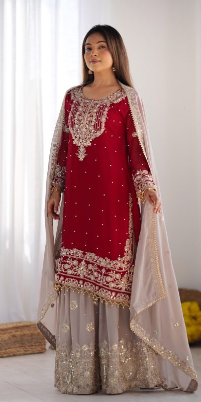 SR 1676 Red Red Heavy Faux Georgette With Heavy Embroidery Perfect for Wedding, Party, Ethnic Day, Reception, Diwali 4-6 Working Days At 2049/- Only | Jump Suits, Salwar suit, Designer Suits, Casual Suits, Creative suits, Palazzo Suits, Party Wear Suits, Patiala Suits, Straight Suits