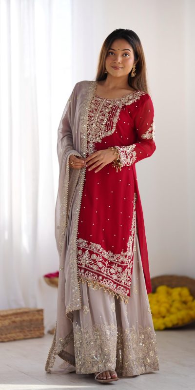 SR 1676 Red Red Heavy Faux Georgette With Heavy Embroidery Perfect for Wedding, Party, Ethnic Day, Reception, Diwali 4-6 Working Days At 2049/- Only | Jump Suits, Salwar suit, Designer Suits, Casual Suits, Creative suits, Palazzo Suits, Party Wear Suits, Patiala Suits, Straight Suits