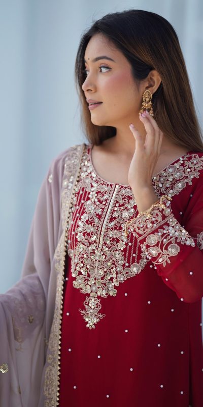 SR 1676 Red Red Heavy Faux Georgette With Heavy Embroidery Perfect for Wedding, Party, Ethnic Day, Reception, Diwali 4-6 Working Days At 2049/- Only | Jump Suits, Salwar suit, Designer Suits, Casual Suits, Creative suits, Palazzo Suits, Party Wear Suits, Patiala Suits, Straight Suits