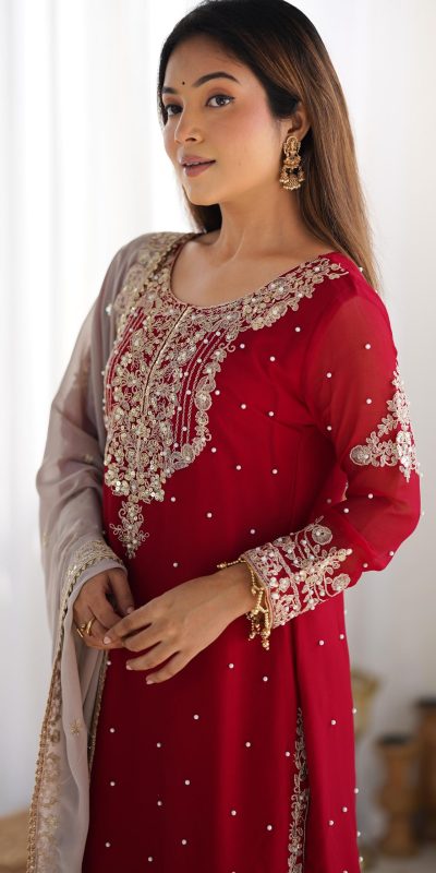 SR 1676 Red Red Heavy Faux Georgette With Heavy Embroidery Perfect for Wedding, Party, Ethnic Day, Reception, Diwali 4-6 Working Days At 2049/- Only | Jump Suits, Salwar suit, Designer Suits, Casual Suits, Creative suits, Palazzo Suits, Party Wear Suits, Patiala Suits, Straight Suits