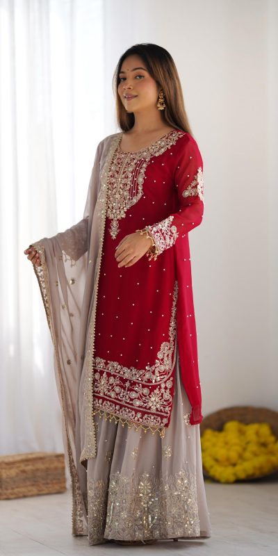 SR 1676 Red Red Heavy Faux Georgette With Heavy Embroidery Perfect for Wedding, Party, Ethnic Day, Reception, Diwali 4-6 Working Days At 2049/- Only | Jump Suits, Salwar suit, Designer Suits, Casual Suits, Creative suits, Palazzo Suits, Party Wear Suits, Patiala Suits, Straight Suits