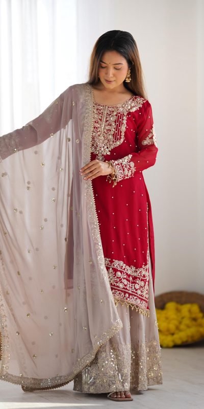 SR 1676 Red Red Heavy Faux Georgette With Heavy Embroidery Perfect for Wedding, Party, Ethnic Day, Reception, Diwali 4-6 Working Days At 2049/- Only | Jump Suits, Salwar suit, Designer Suits, Casual Suits, Creative suits, Palazzo Suits, Party Wear Suits, Patiala Suits, Straight Suits