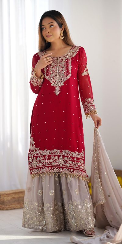 SR 1676 Red Red Heavy Faux Georgette With Heavy Embroidery Perfect for Wedding, Party, Ethnic Day, Reception, Diwali 4-6 Working Days At 2049/- Only | Jump Suits, Salwar suit, Designer Suits, Casual Suits, Creative suits, Palazzo Suits, Party Wear Suits, Patiala Suits, Straight Suits