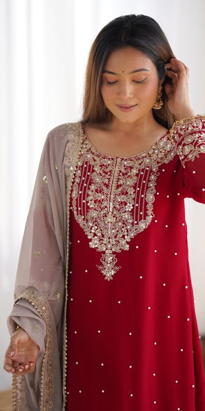 SR 1676 Red Red Heavy Faux Georgette With Heavy Embroidery Perfect for Wedding, Party, Ethnic Day, Reception, Diwali 4-6 Working Days At 2049/- Only | Jump Suits, Salwar suit, Designer Suits, Casual Suits, Creative suits, Palazzo Suits, Party Wear Suits, Patiala Suits, Straight Suits