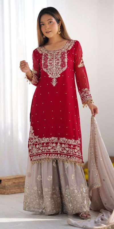 SR 1676 Red Red Heavy Faux Georgette With Heavy Embroidery Perfect for Wedding, Party, Ethnic Day, Reception, Diwali 4-6 Working Days At 2049/- Only | Jump Suits, Salwar suit, Designer Suits, Casual Suits, Creative suits, Palazzo Suits, Party Wear Suits, Patiala Suits, Straight Suits