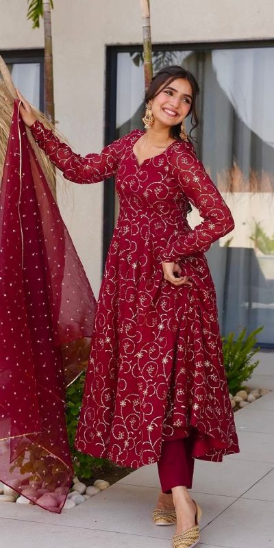 ZSR 3145 Red Faux Georgette With Embroidery Sequence Work Gown Perfect for Wedding, Party, Bridal Wear, Family Gatherings, Festival Celebrations At 2099 | Gowns, Bollywood Gowns, Creative Gowns, Designer Gowns, Embroidered Gowns, Party Wear Gowns