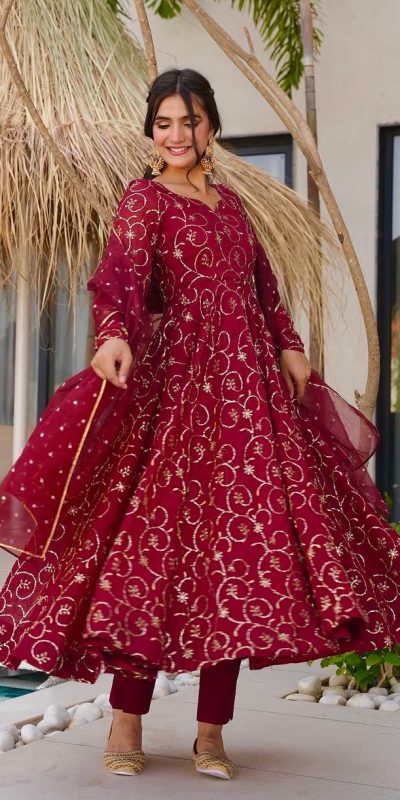 ZSR 3145 Red Faux Georgette With Embroidery Sequence Work Gown Perfect for Wedding, Party, Bridal Wear, Family Gatherings, Festival Celebrations At 2099 | Gowns, Bollywood Gowns, Creative Gowns, Designer Gowns, Embroidered Gowns, Party Wear Gowns