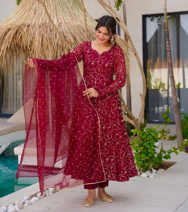ZSR 3145 Red Faux Georgette With Embroidery Sequence Work Gown Perfect for Wedding, Party, Bridal Wear, Family Gatherings, Festival Celebrations At 2099 | Gowns, Bollywood Gowns, Creative Gowns, Designer Gowns, Embroidered Gowns, Party Wear Gowns