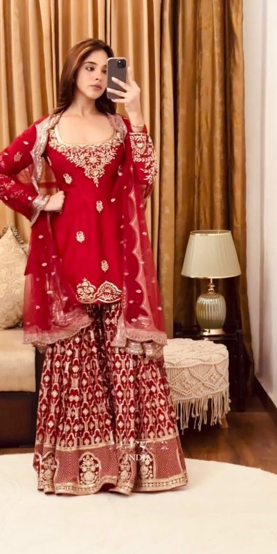 Red Georgette Embroidery Lace Work Salwar Suit